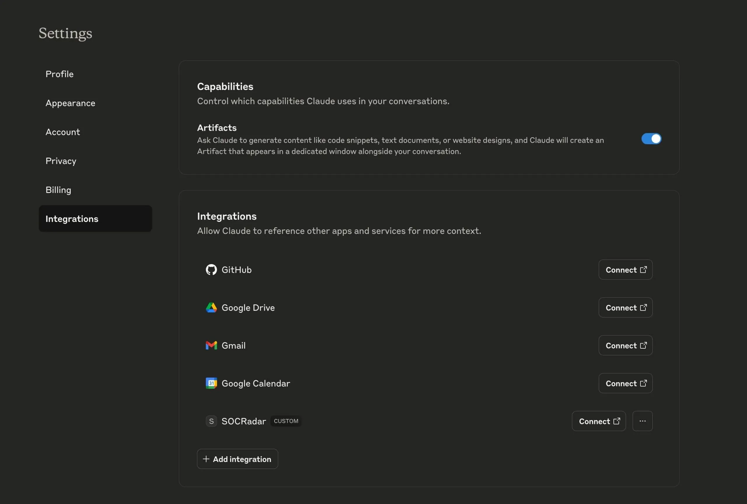 Integration settings panel showing the available services and the custom SOCRadar option.