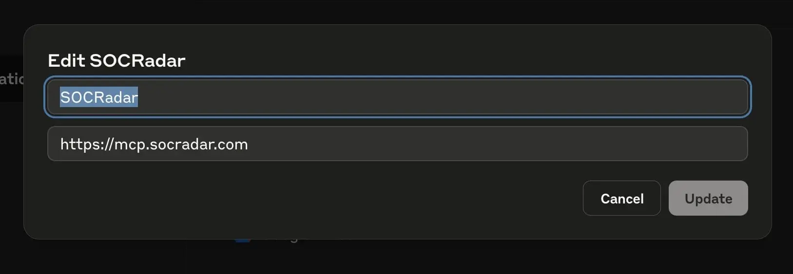 Editing the integration name and URL to add https://mcp.socradar.com.