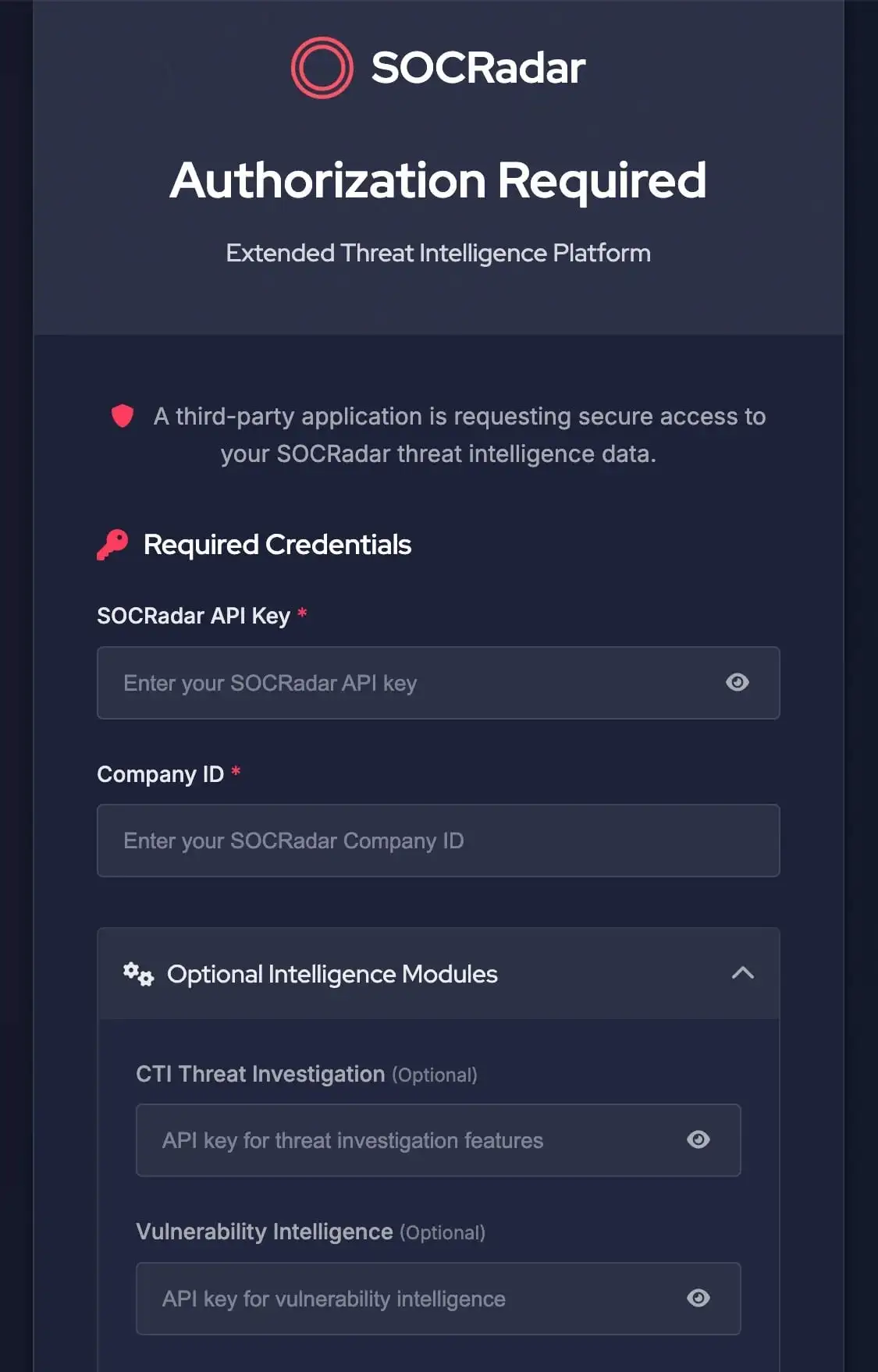 Authorization form requesting required credentials and optional module keys.