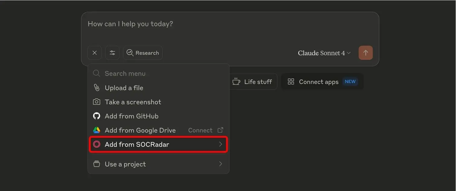 Chat interface showing “Add from SOCRadar” as an available option in the tool menu.