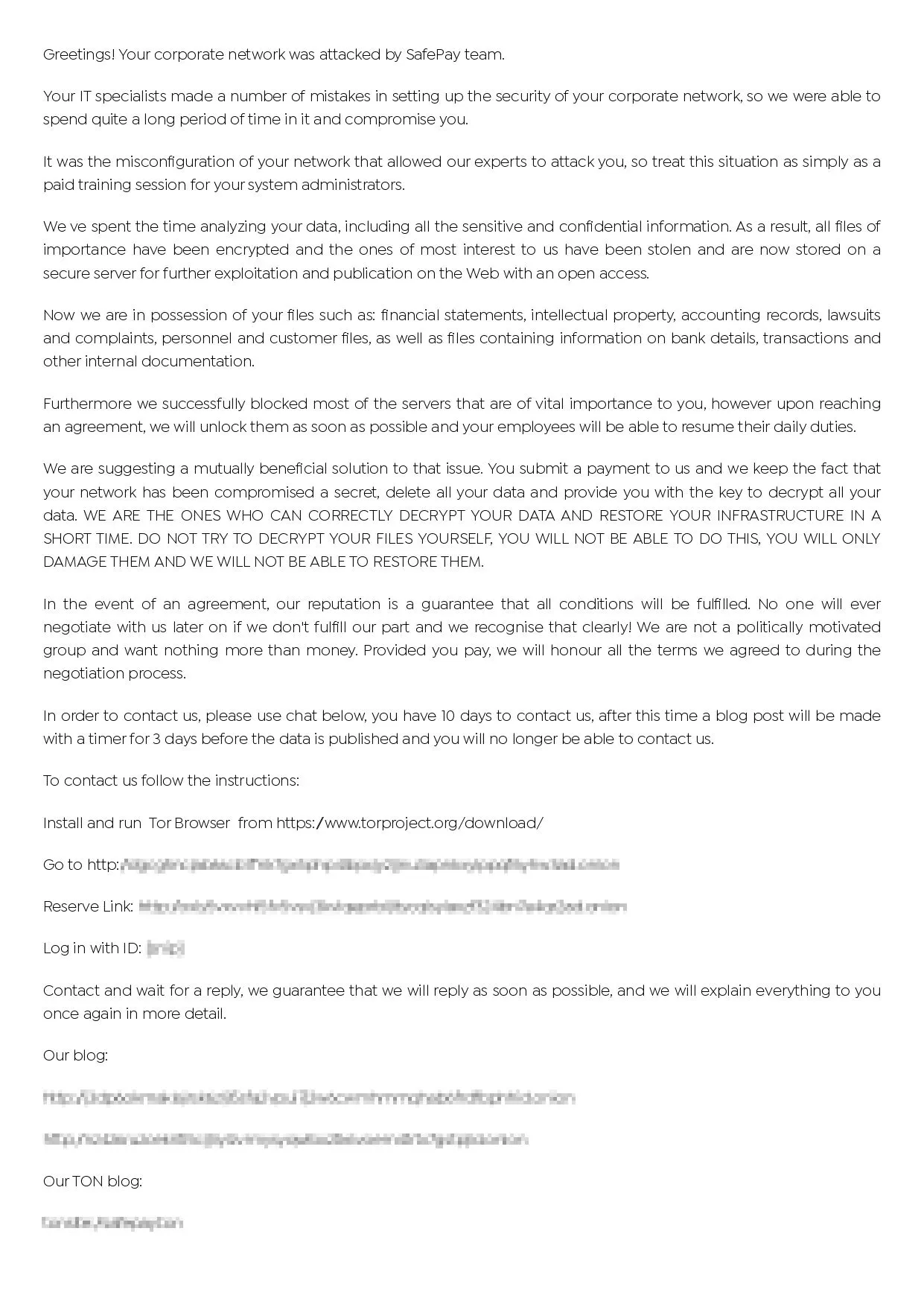 Ransom note of SafePay Ransomware