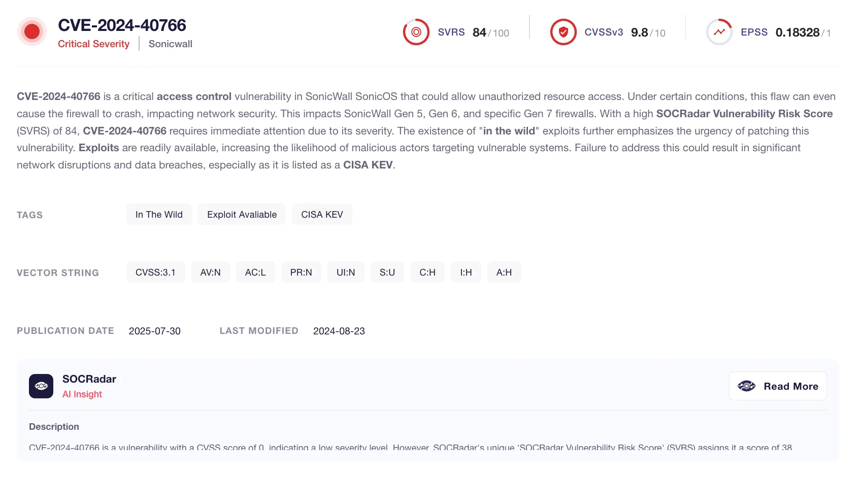 Quick details on CVE-2024-40766 (SOCRadar Labs CVE Radar)
