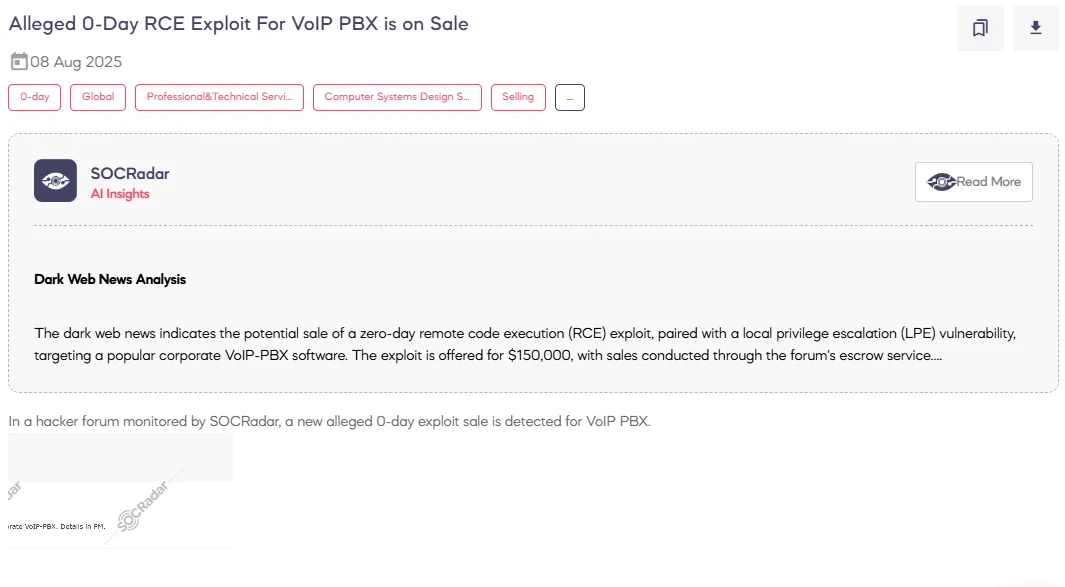 0-Day RCE Exploit for VoIP PBX on Sale