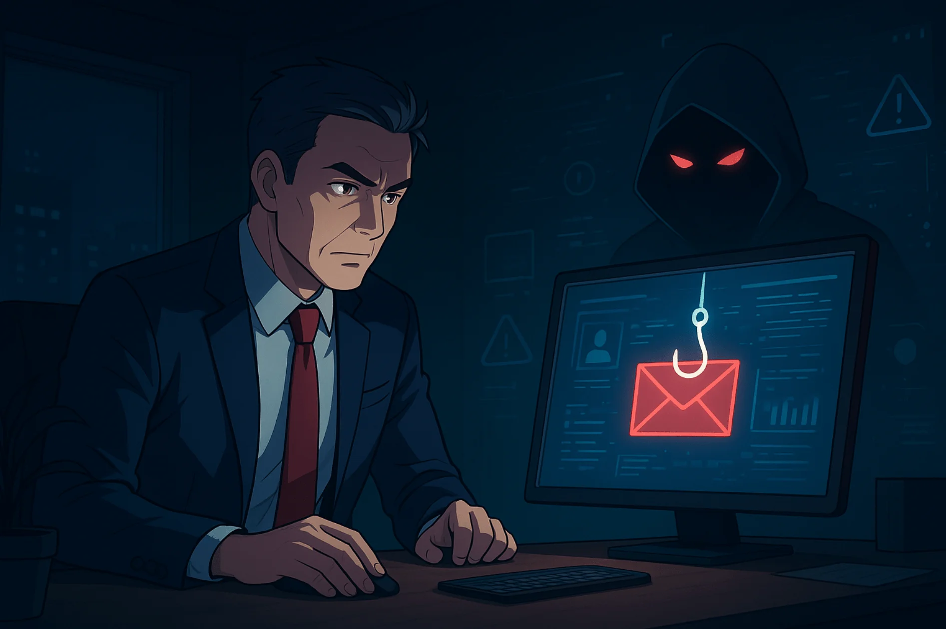 An AI illustration showing an executive at work, facing cyber threats.