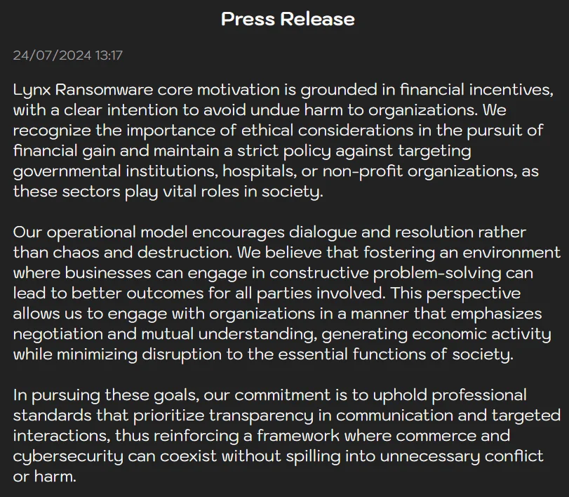 Lynx Ransomware ‘’Press Release”