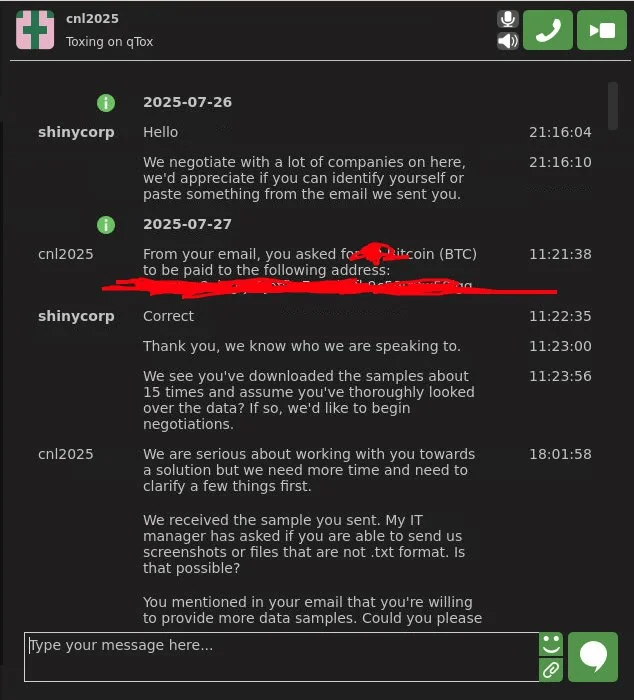 Screenshot of a qTox ransom negotiation between ShinyHunters and a victim company.