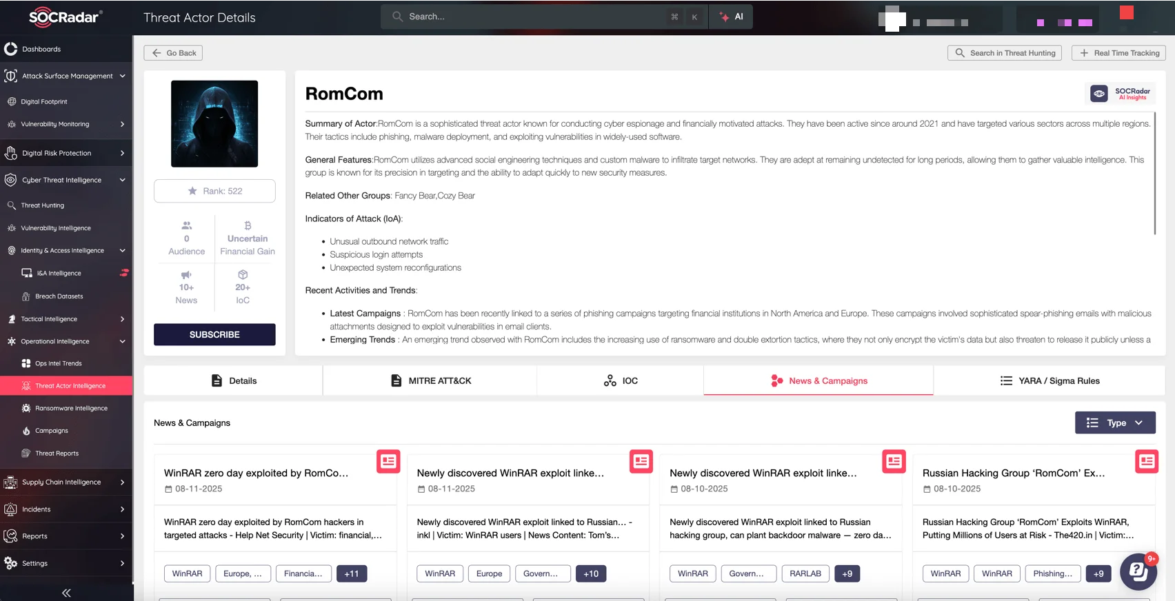 Who is RomCom? Details of the threat actor group are available via SOCRadar’s Threat Actor Intelligence