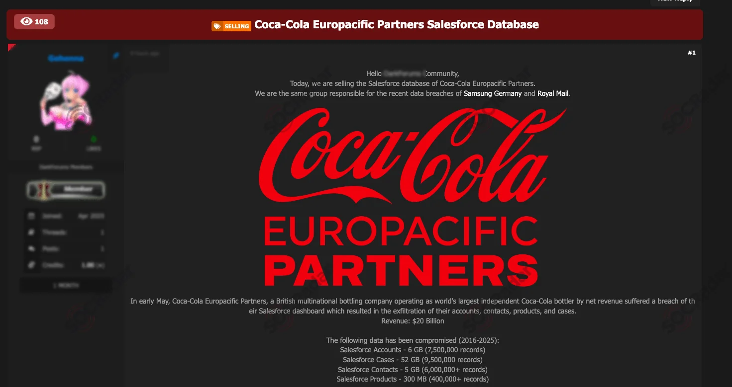 Gehenna claims to have breached the Salesforce dashboard of Coca-Cola Europacific Partners in early May 2025. (SOCRadar Dark Web News)