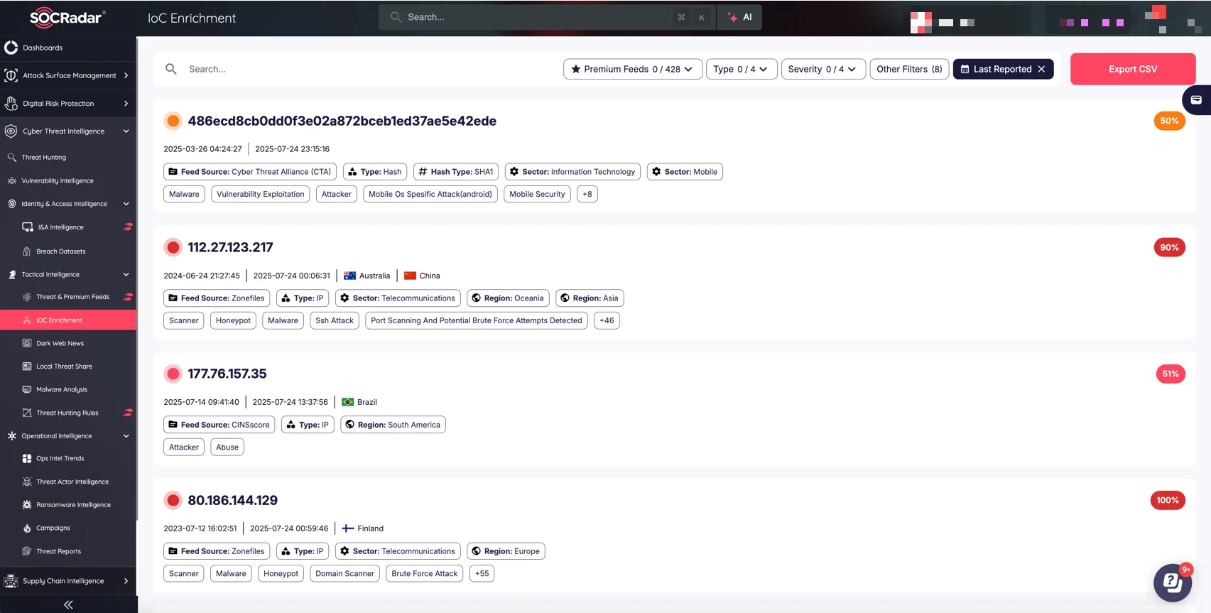 SOCRadar’s IOC Enrichment page, under the Cyber Threat Intelligence module