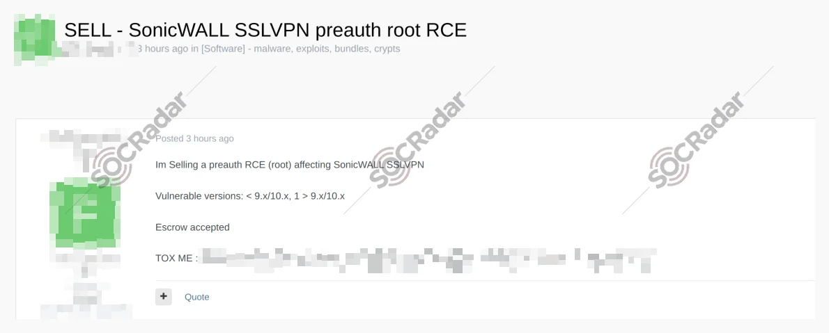 SonicWall SSLVPN preauth root RCE detected on hacker forum (SOCRadar Dark Web News)