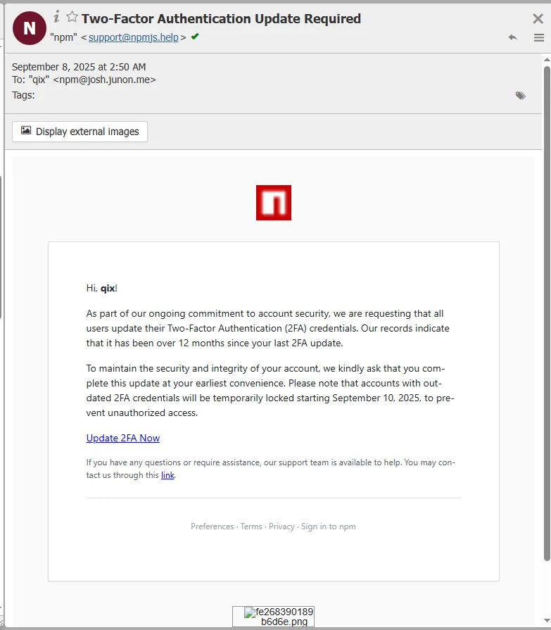 The phishing email (aikido.dev), npm Supply Chain Attack