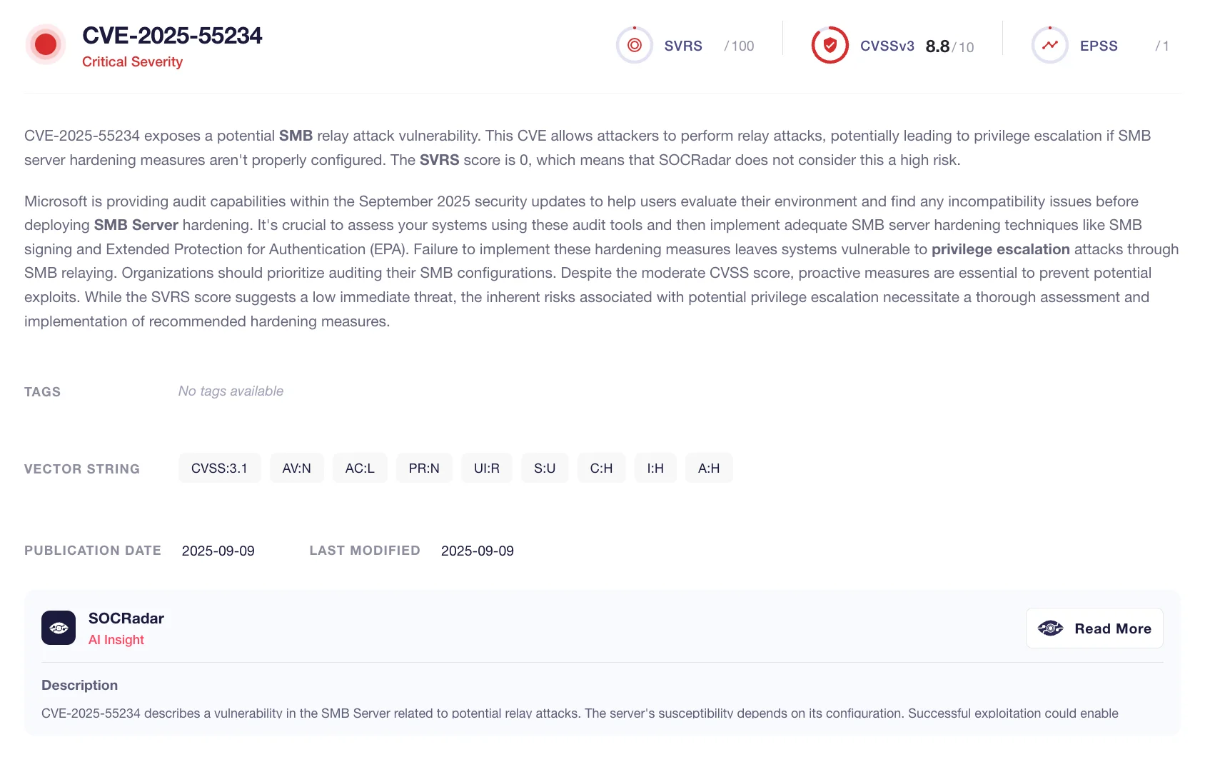 Details of CVE-2025-55234 (SOCRadar Labs CVE Radar), September 2025 Patch Tuesday
