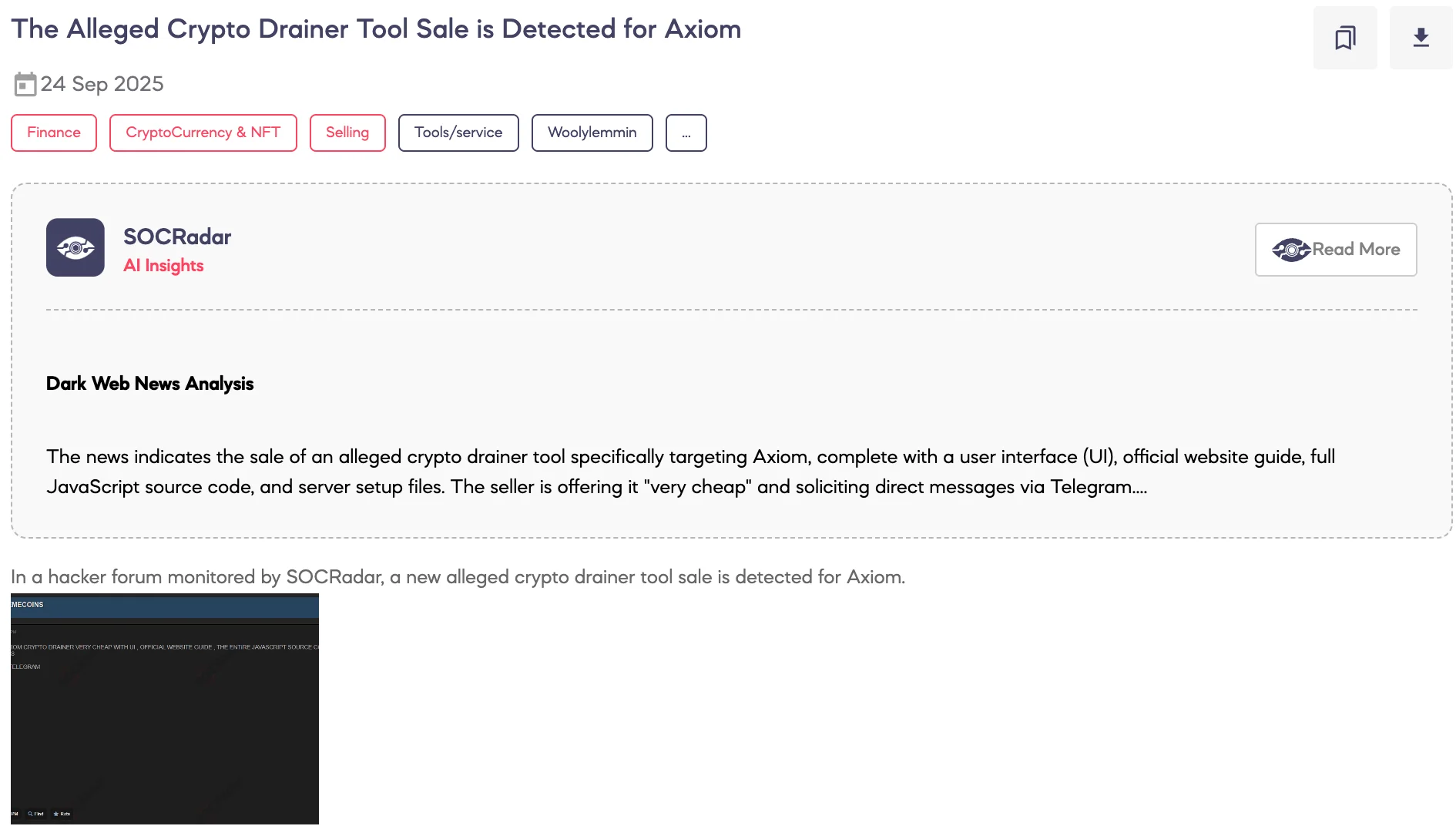 Alleged Crypto Drainer Tool Sale is Detected for Axiom