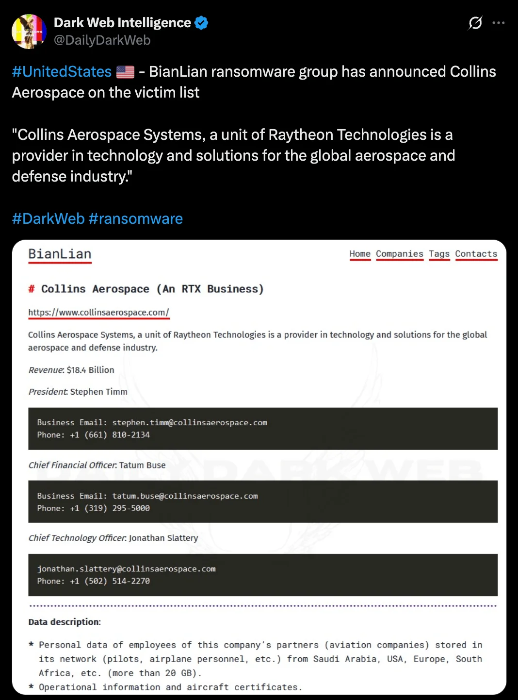 BianLian ransomware has claimed a breach of Collins Aerospace (@DailyDarkWeb on X)