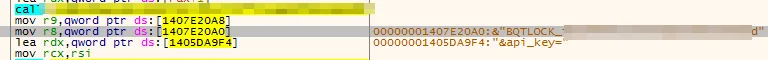 BQTLock is preparing an API key parameter used for authenticating infected devices with its C2 server