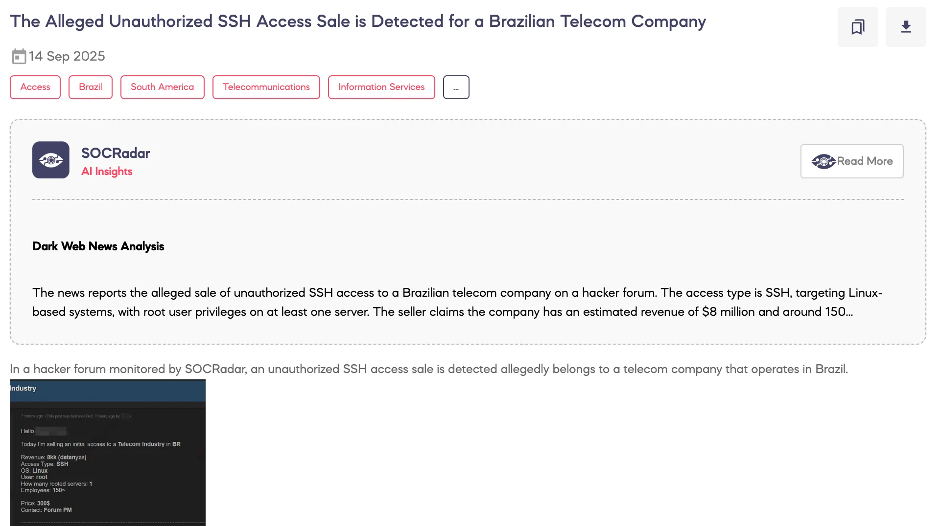 Alleged Unauthorized SSH Access Sale is Detected for a Brazilian Telecom Company