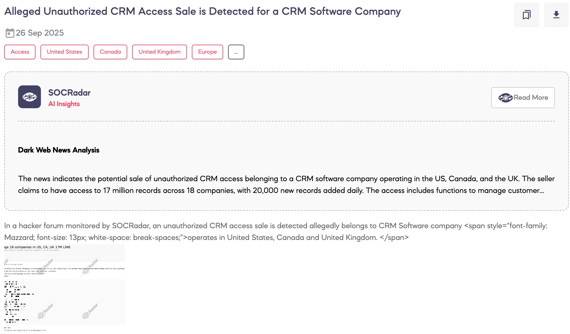 Alleged Unauthorized CRM Access Sale is Detected for a CRM Software Company
