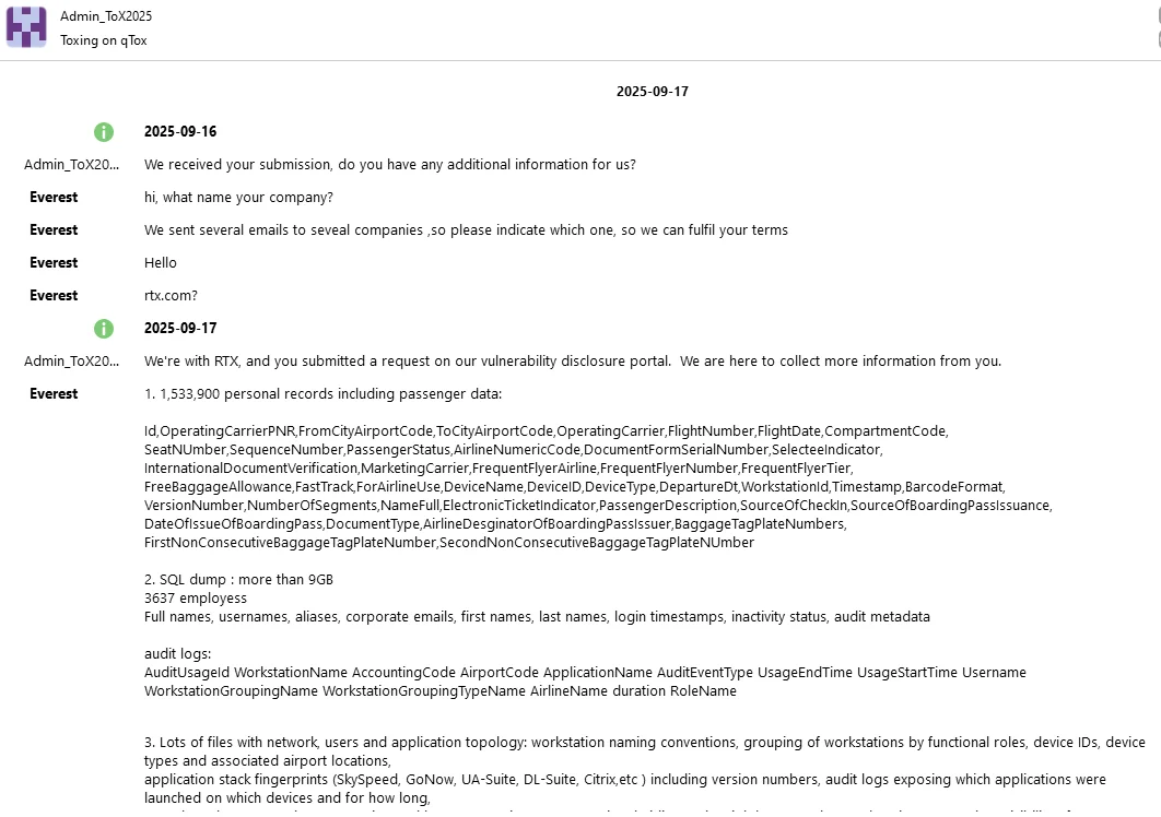 Everest’s QTox chat with an alleged RTX representative