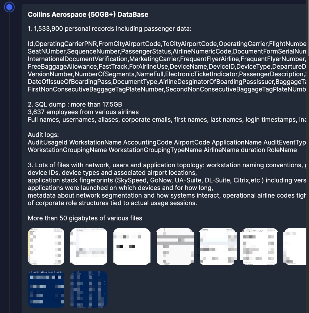 Everest’s listing claiming access to Collins Aerospace systems and passenger data (50GB+ dataset)