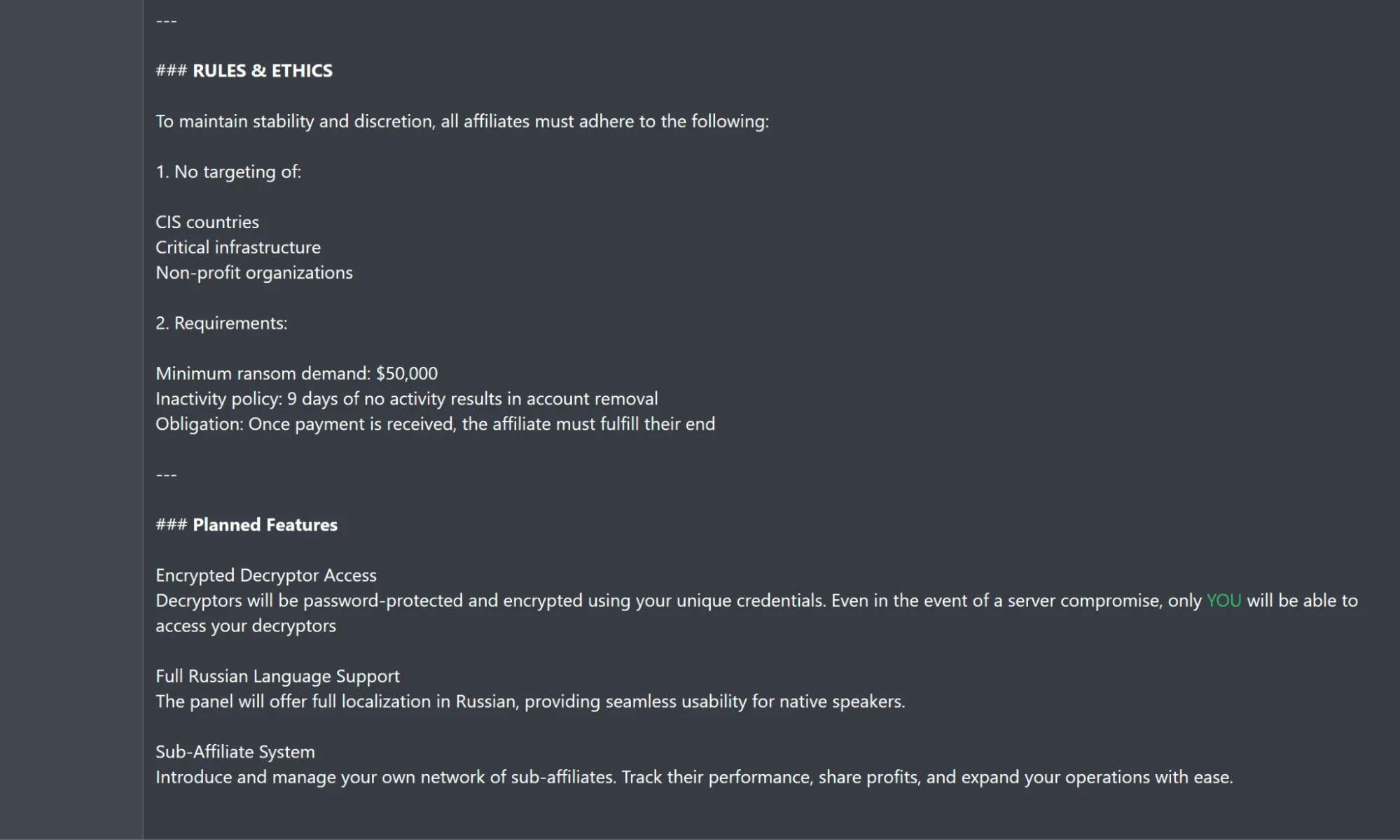 GLOBAL Ransomware affiliate panel and rules