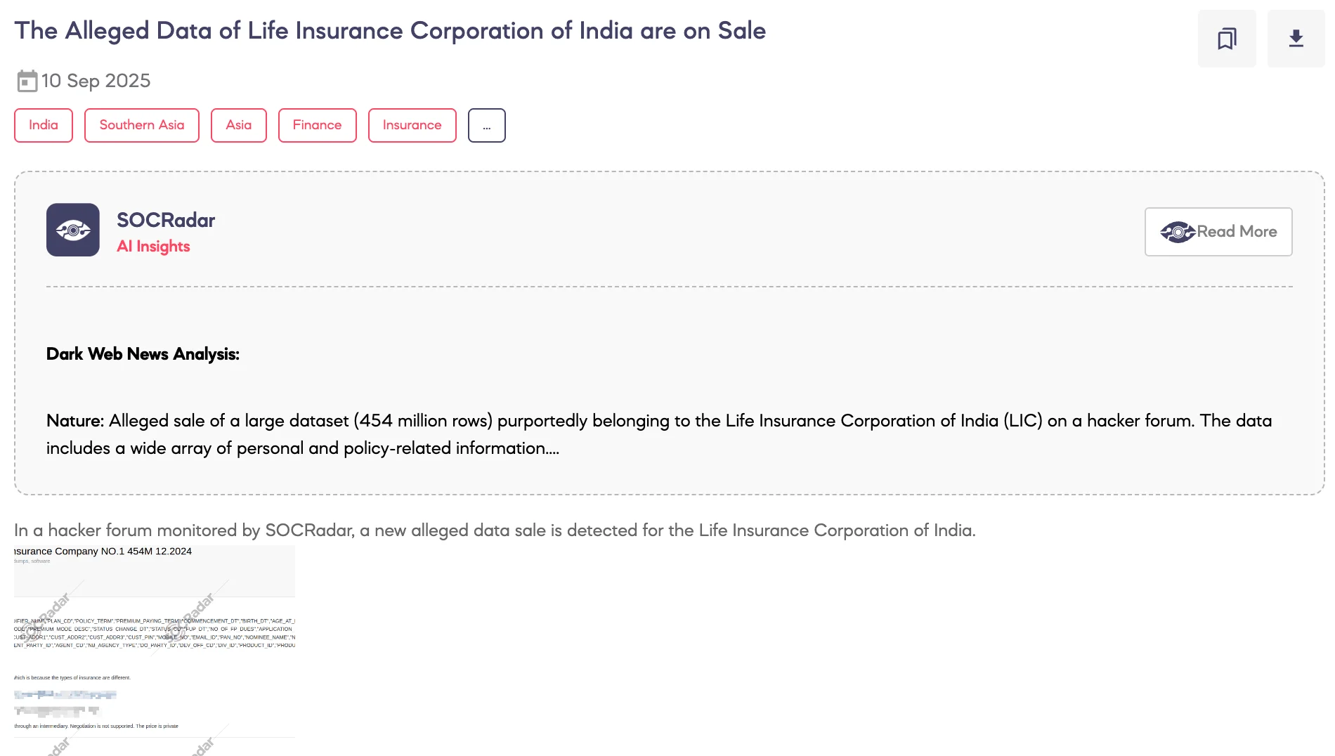 Alleged Data of Life Insurance Corporation of India are on Sale