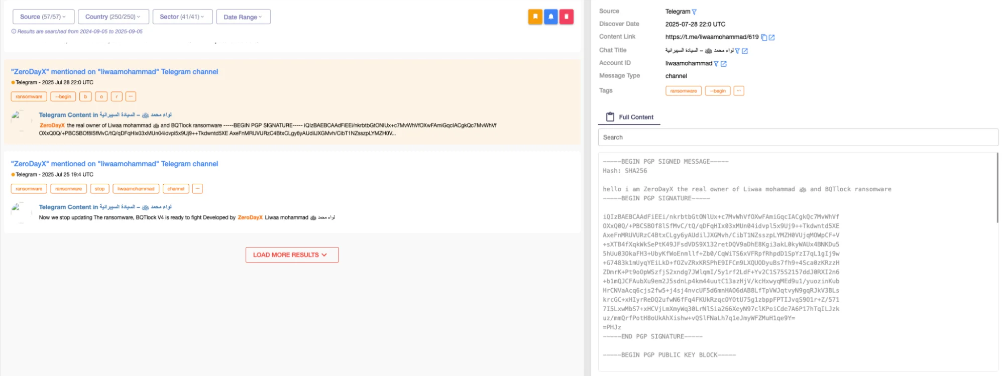 SOCRadar’s Threat Hunting, message in liwaamohammad Telegram channel: “Hello, i am ZeroDayX the real owner of Liwaa mohammad and BQTLock ransomware.”