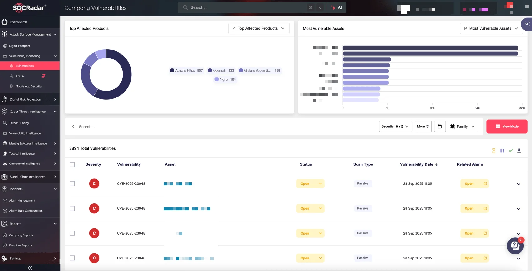 SOCRadar’s ASM module, Company Vulnerabilities