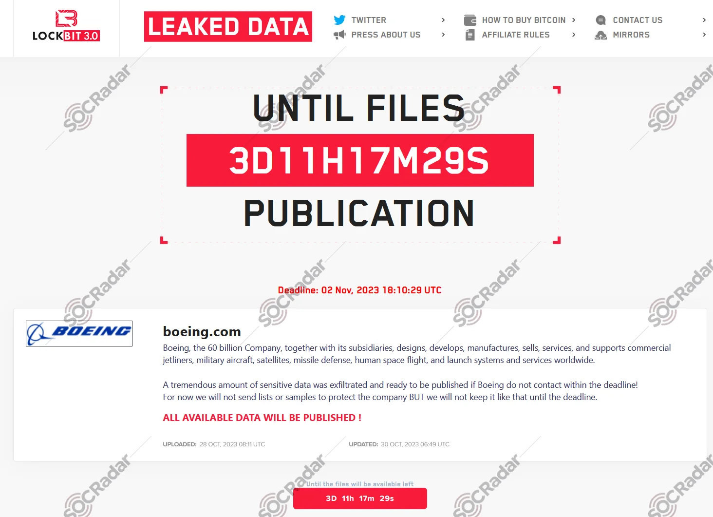 LockBit countdown notice for alleged Boeing leak (Source: SOCRadar Dark Web News)