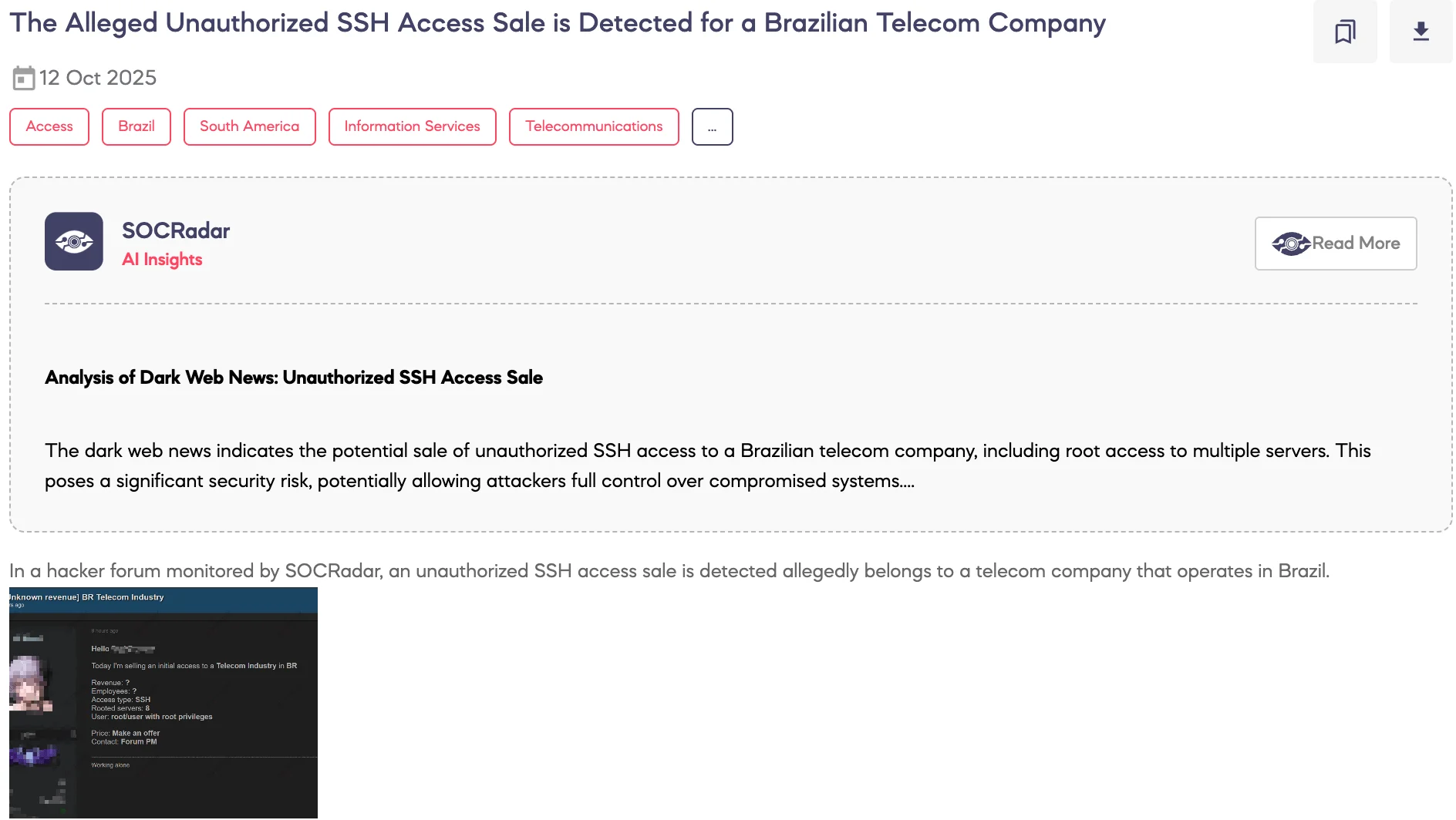 Alleged Unauthorized SSH Access Sale is Detected for a Brazilian Telecom Company