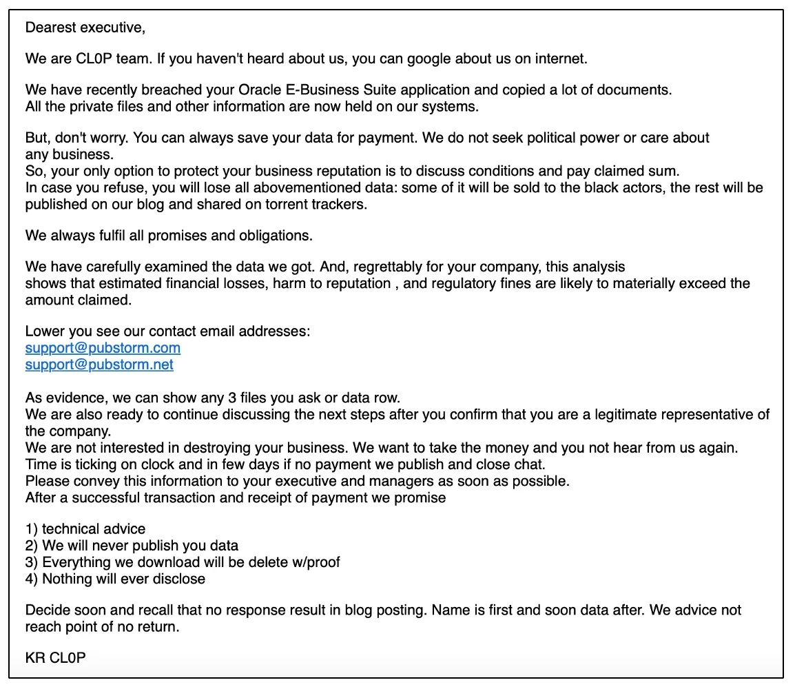 Cl0p’s extortion email (Source: Google Mandiant)