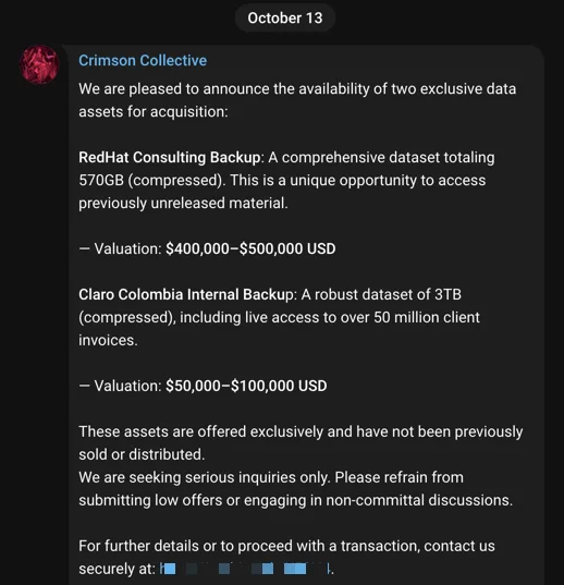 In an October 13 post on their Telegram channel, the Crimson Collective advertised two datasets for sale: ‘RedHat Consulting Backup’ & ‘Claro Colombia Internal Backup’