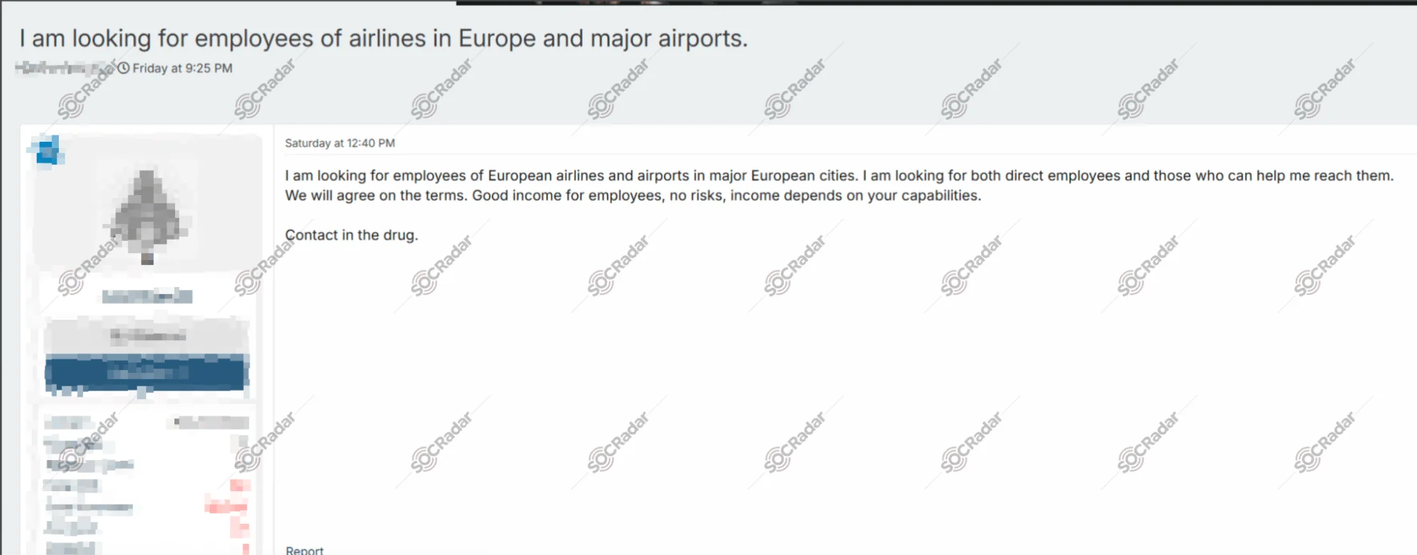 This screenshot highlights a malicious recruitment attempt targeting employees of European airlines and airports. (Source: SOCRadar Dark Web News)