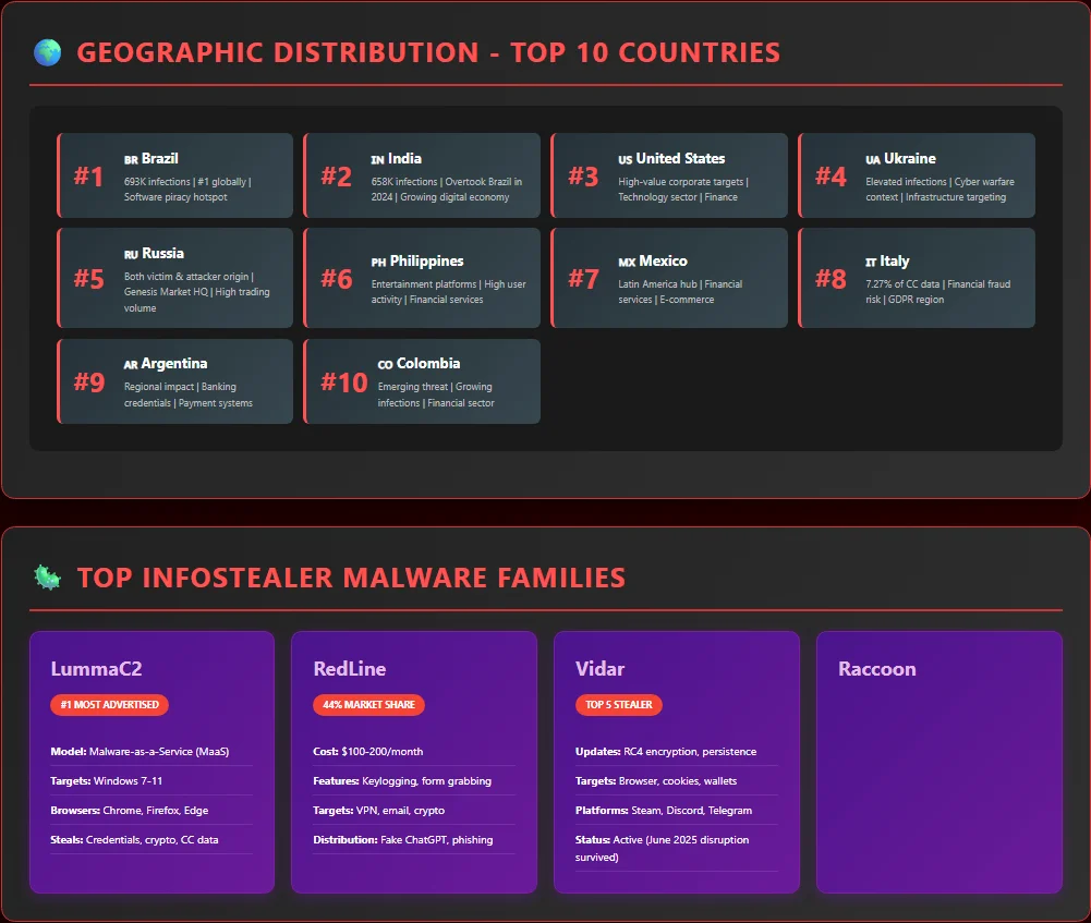 Global infection geography and top infostealer malware families visualized through MCP queries, highlighting regional hotspots and dominant stealer types.