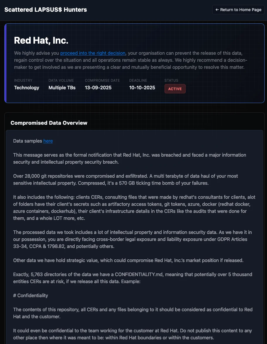 Message on Scattered Lapsus$ Hunters site