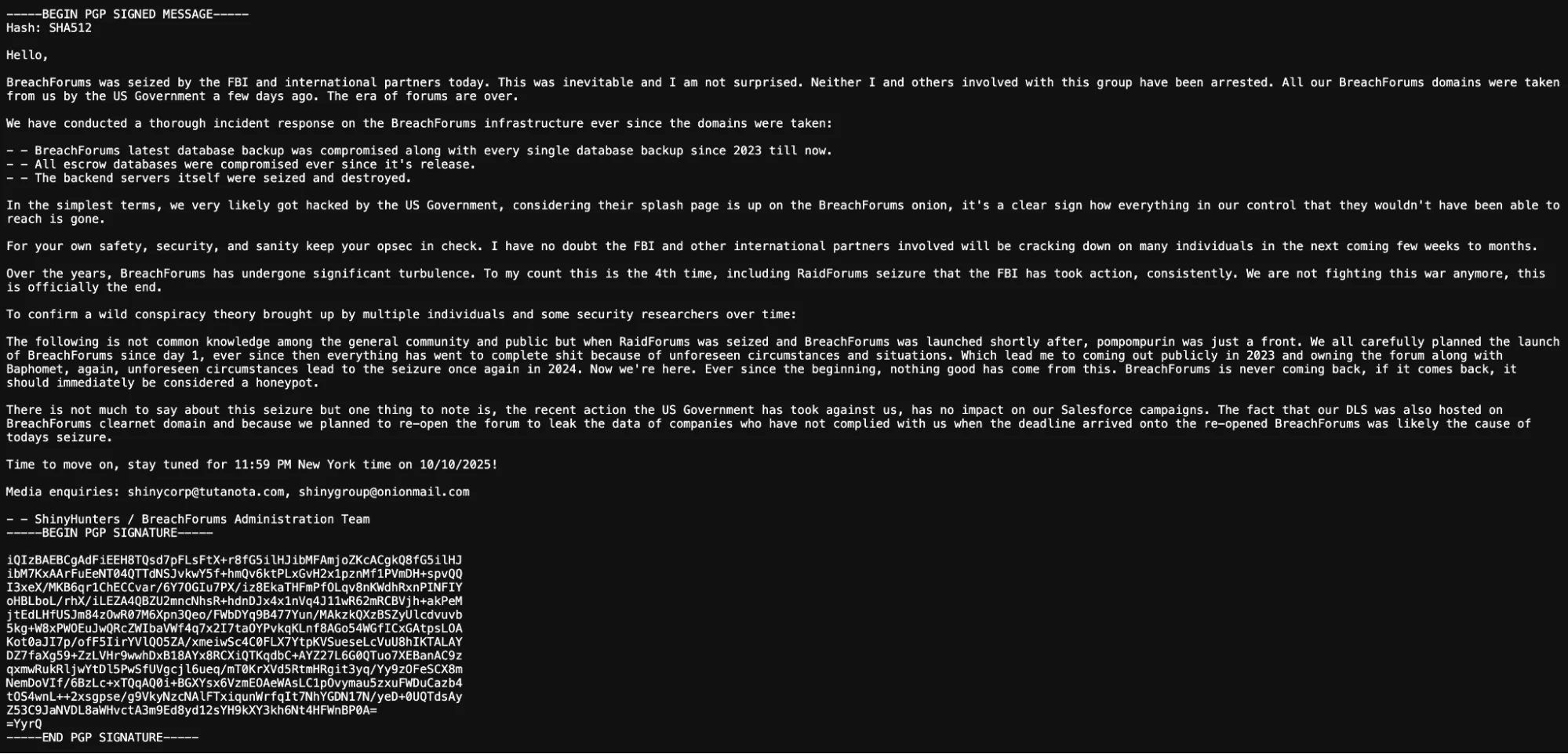 ShinyHunters’ PGP-signed statement