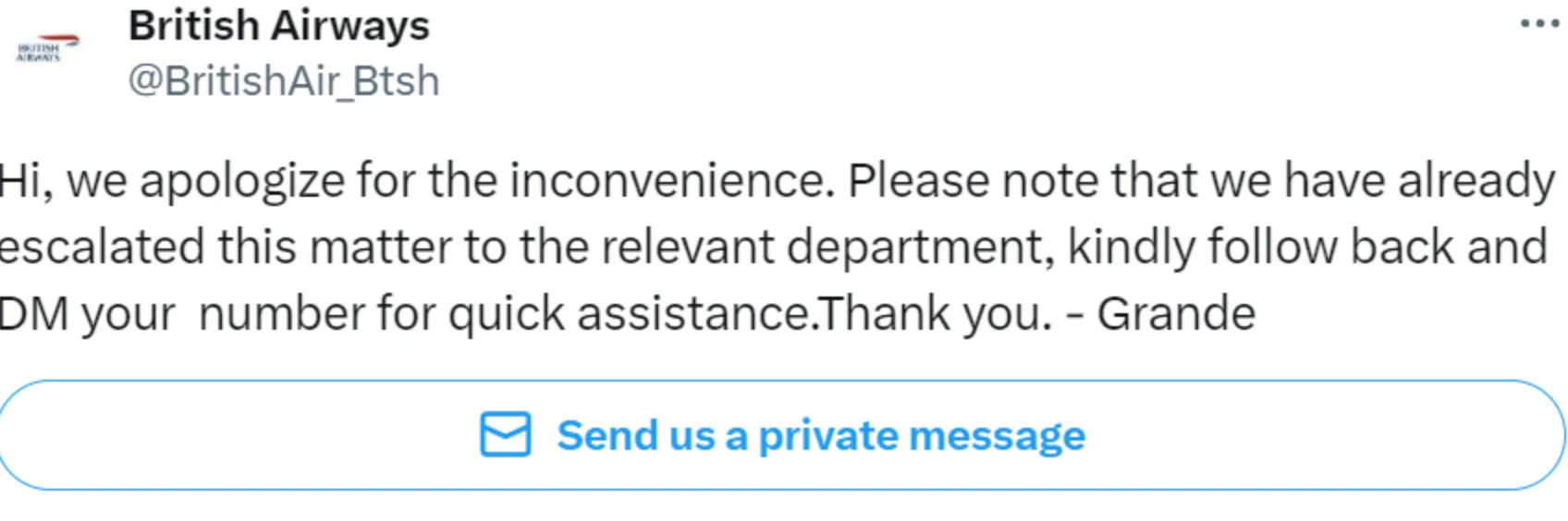A fake British Airways support tweet from an impersonation account on X, asking a customer to follow back and send their phone number via direct message.