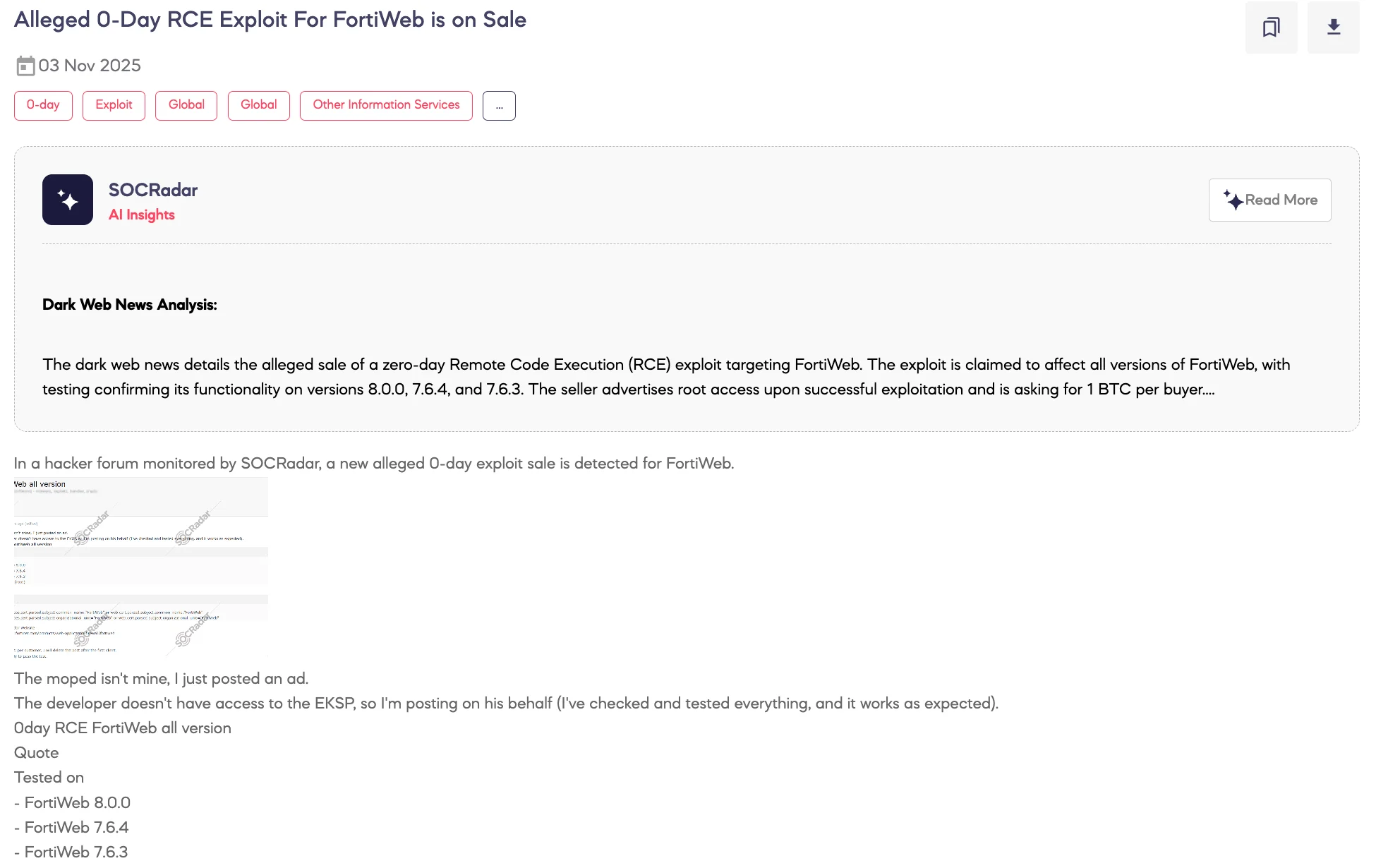 Alleged 0-Day RCE Exploit for FortiWeb is on Sale (SOCRadar Dark Web News)