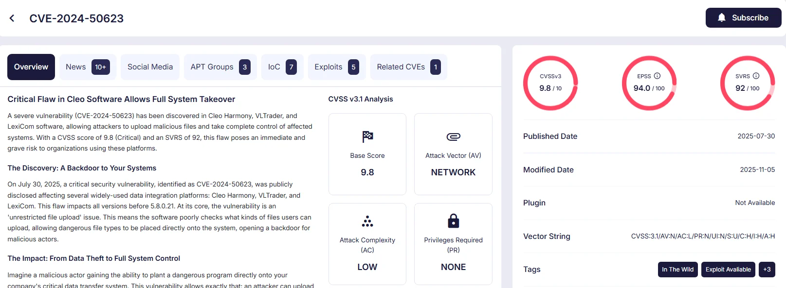 Vulnerability info of CVE-2024-50623 (SOCRadar Vulnerability Intelligence)