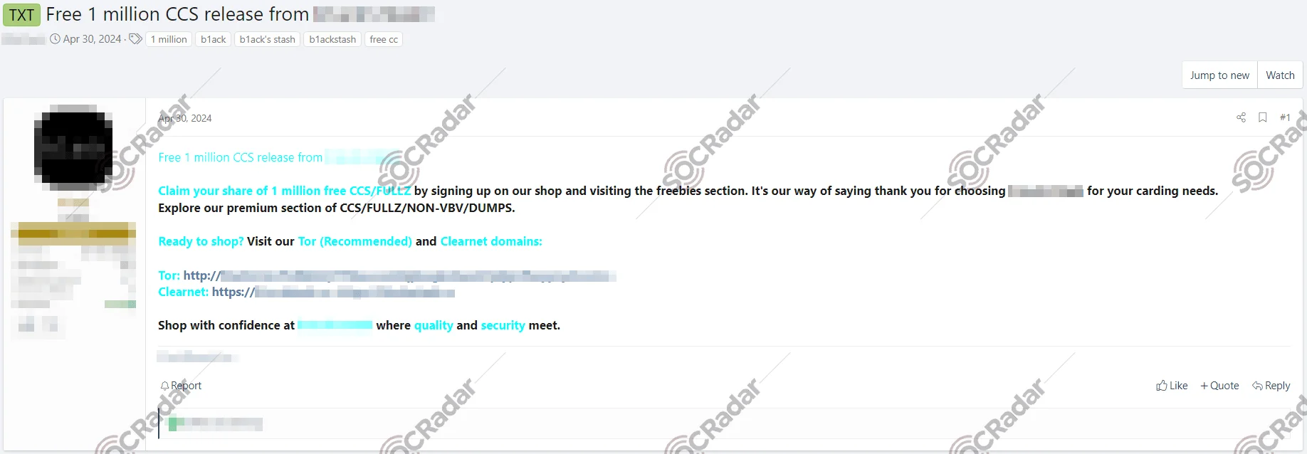 The April 30, 2024 post on the XSS forum where B1ack’s Stash promotes its launch with a release of one million free CCS