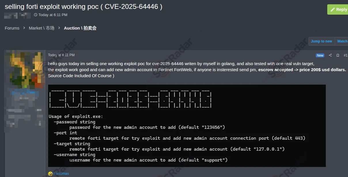 Advertisement of a working exploit for CVE-2025-64446 (SOCRadar Dark Web News)
