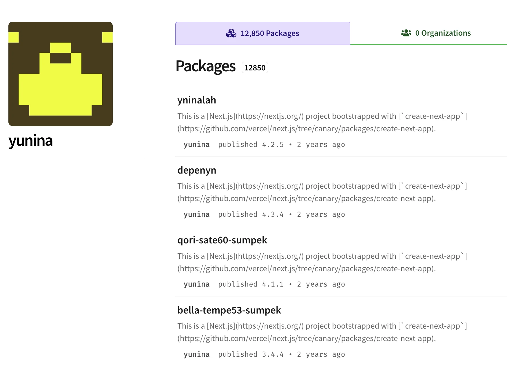 npm profile page displaying more than 12,850 spam packages. Source: GitHub