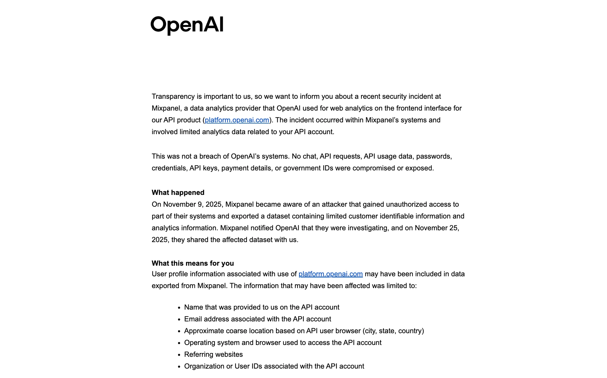 OpenAI’s email notification about the Mixpanel breach