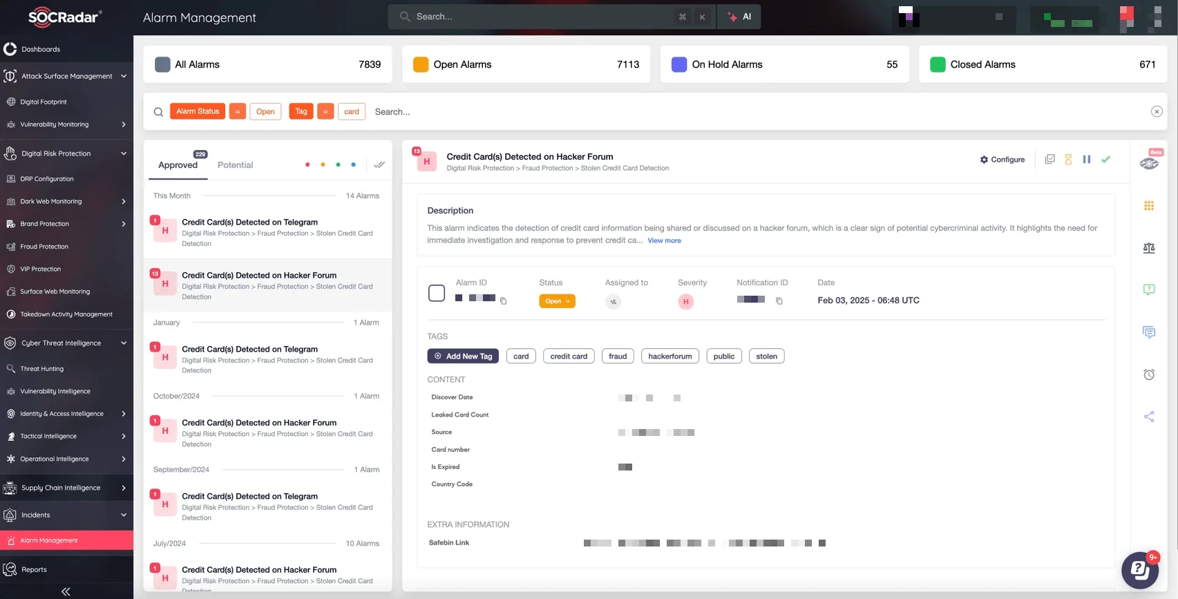 Credit card(s) detected on hacker forum (SOCRadar Alarm Management)