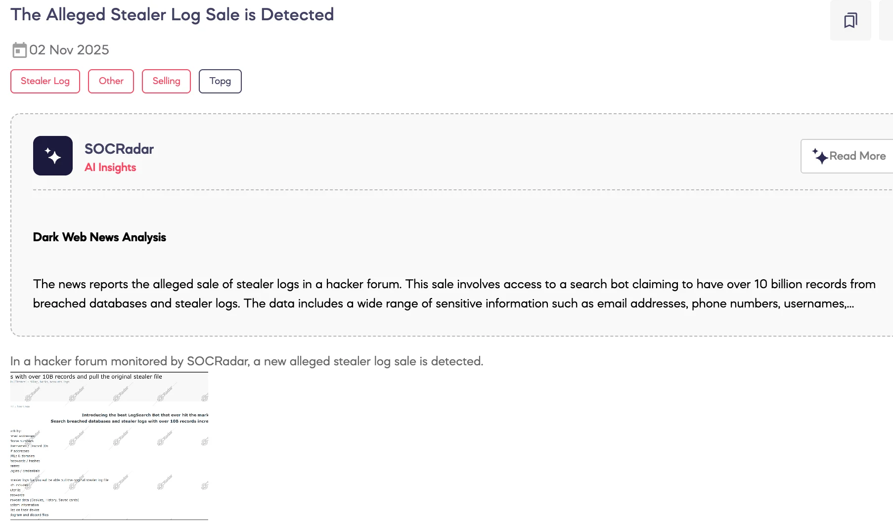 Alleged Stealer Log Sale is Detected