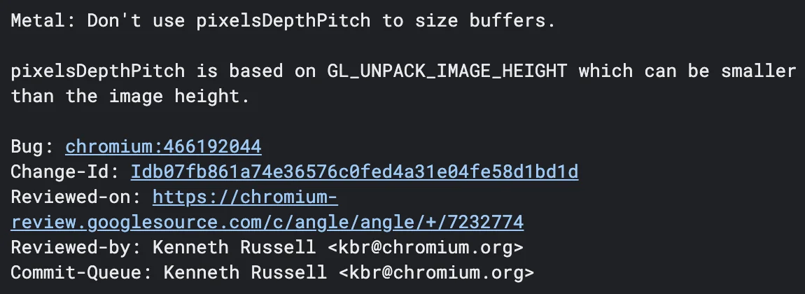 Commit message on Chromium review for the bug 466192044