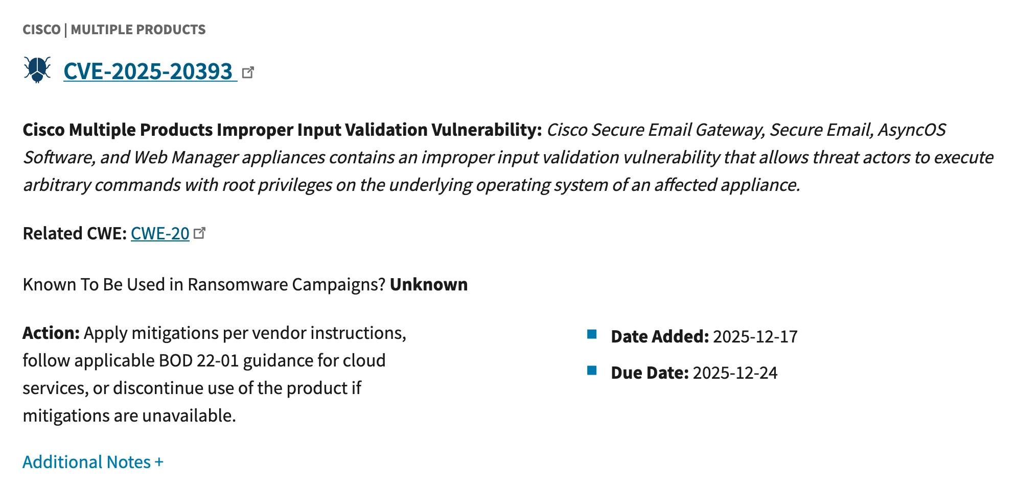 CISA KEV listing for CVE-2025-20393