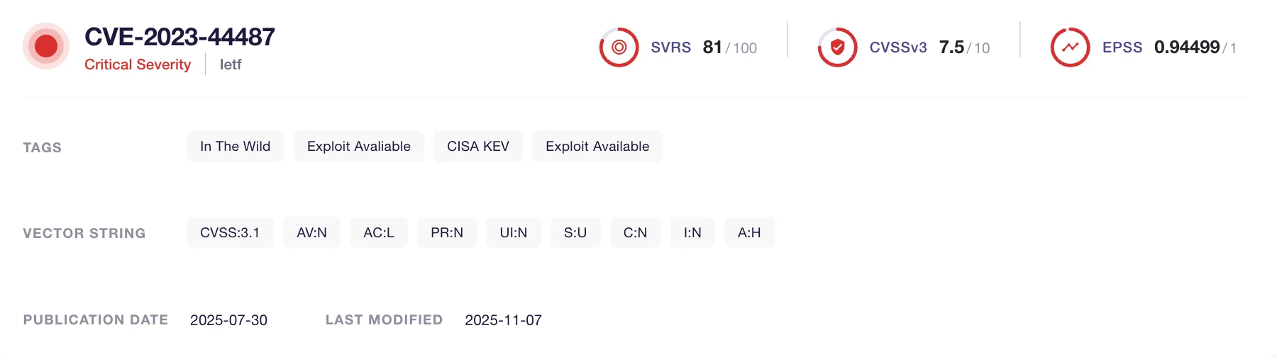 Details of CVE-2023-44487 (SOCRadar Vulnerability Intelligence)