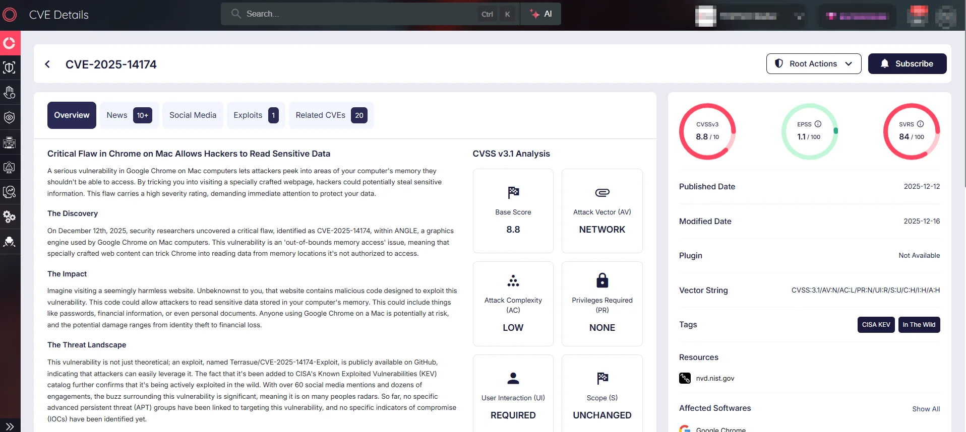 CVE-2025-14174 details (Source: SOCRadar Vulnerability Intelligence)