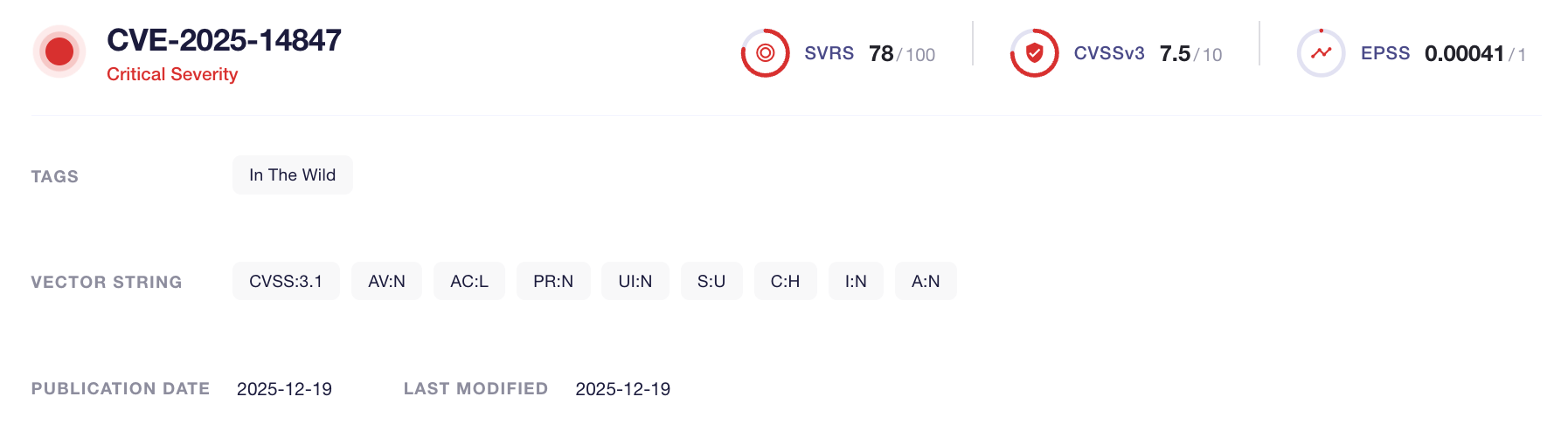 CVE-2025-14847 (SOCRadar Vulnerability Intelligence) 