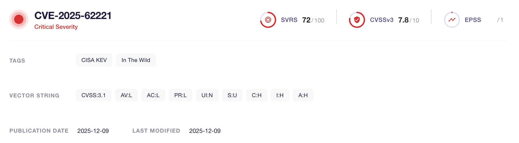 Details of CVE-2025-62221 (SOCRadar Labs, CVE Radar)